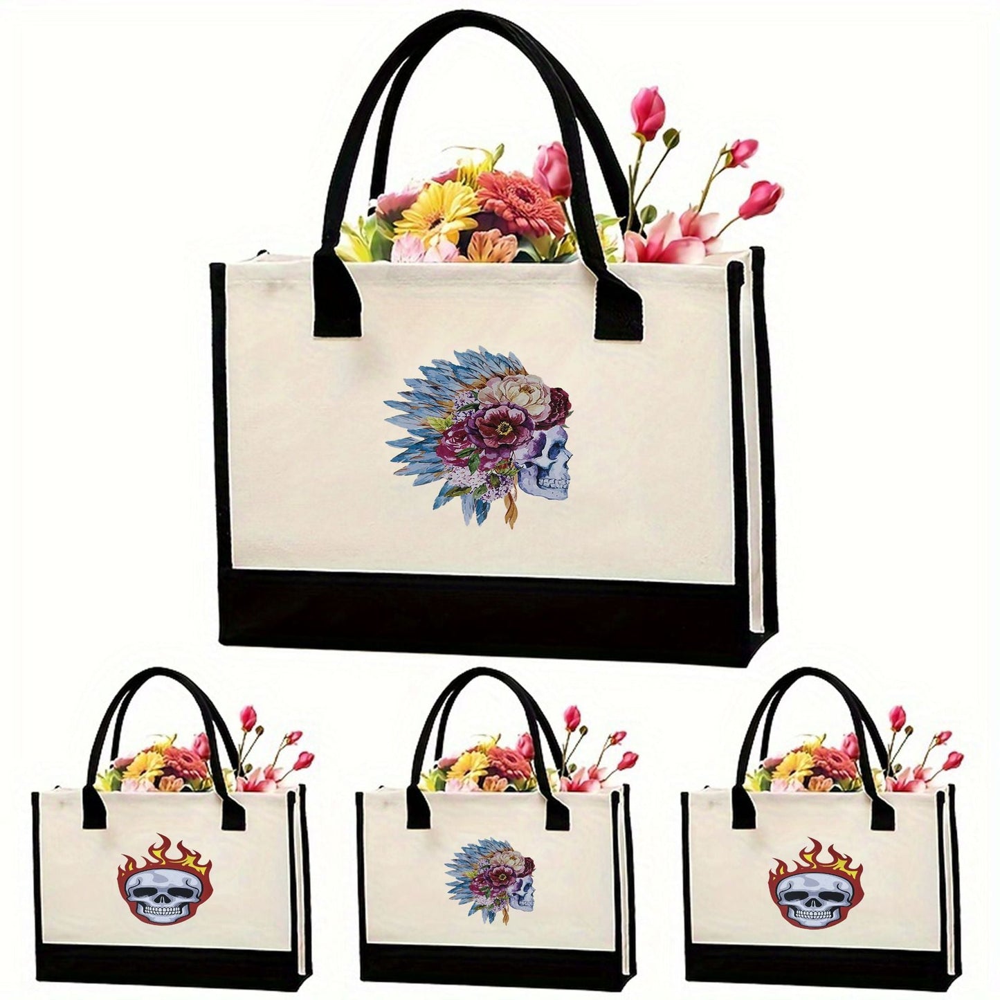Canvas tote bag, large capacity printed tote bag women's, fashionable waterproof portable shopping bag