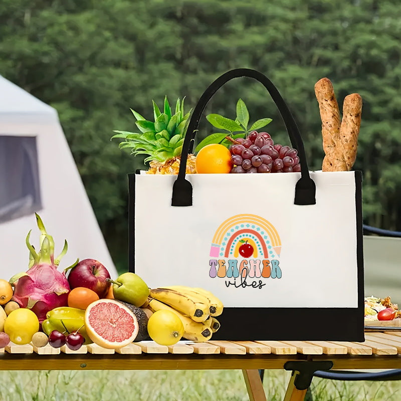 Canvas tote bag, large capacity printed tote bag women's, fashionable waterproof portable shopping bag