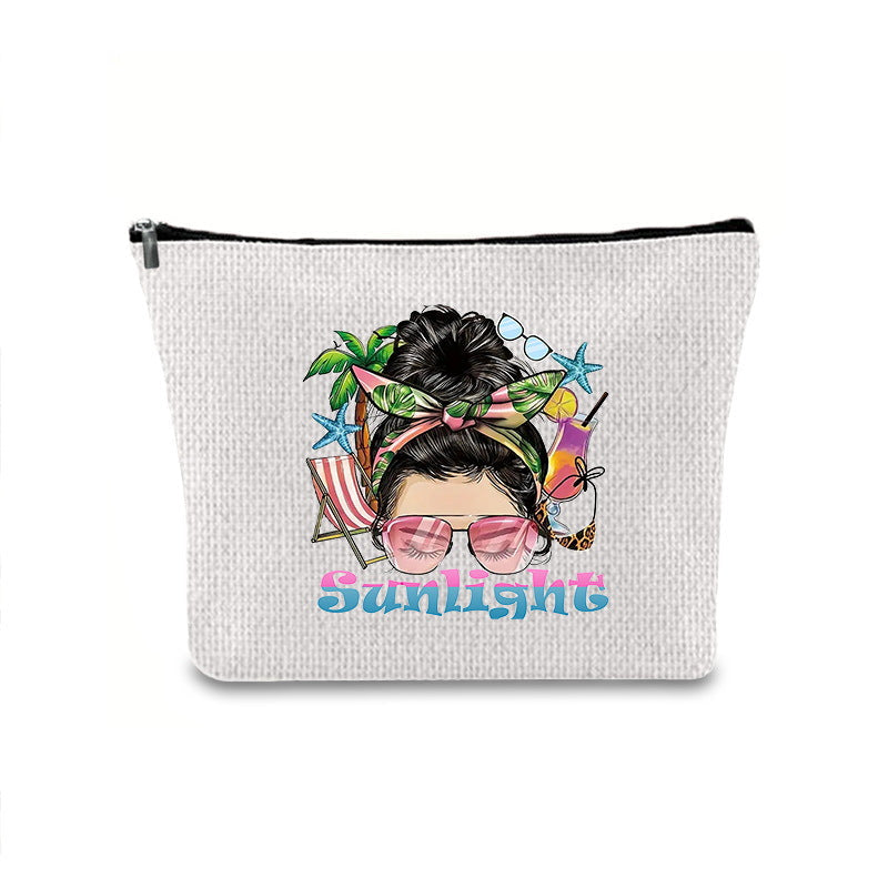 Linen printed cosmetic bag, cosmetic lipstick storage bag, small simple zipper evening clutch bag,