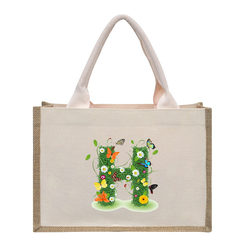 Cotton and linen canvas tote bag, printed letter tote bag, portable light handbag, gift shopping bag