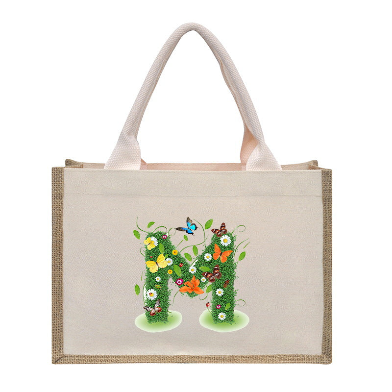 Cotton and linen canvas tote bag, printed letter tote bag, portable light handbag, gift shopping bag