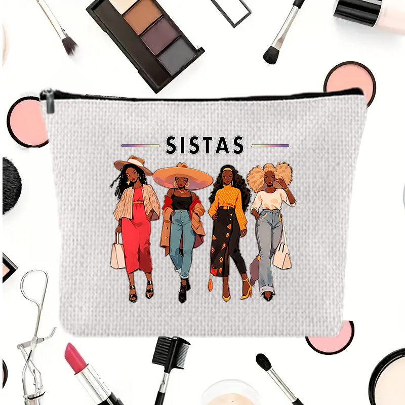 Linen printed cosmetic bag, cosmetic lipstick storage bag, small simple zipper evening clutch bag,