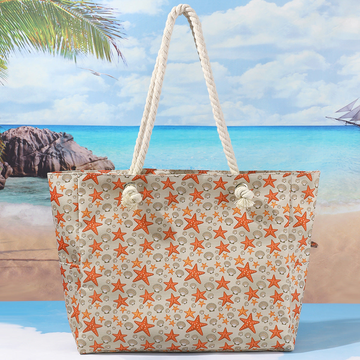 Printed beach bag, large capacity casual shoulder tote bag, simple fashion summer travel tote bag lightweight