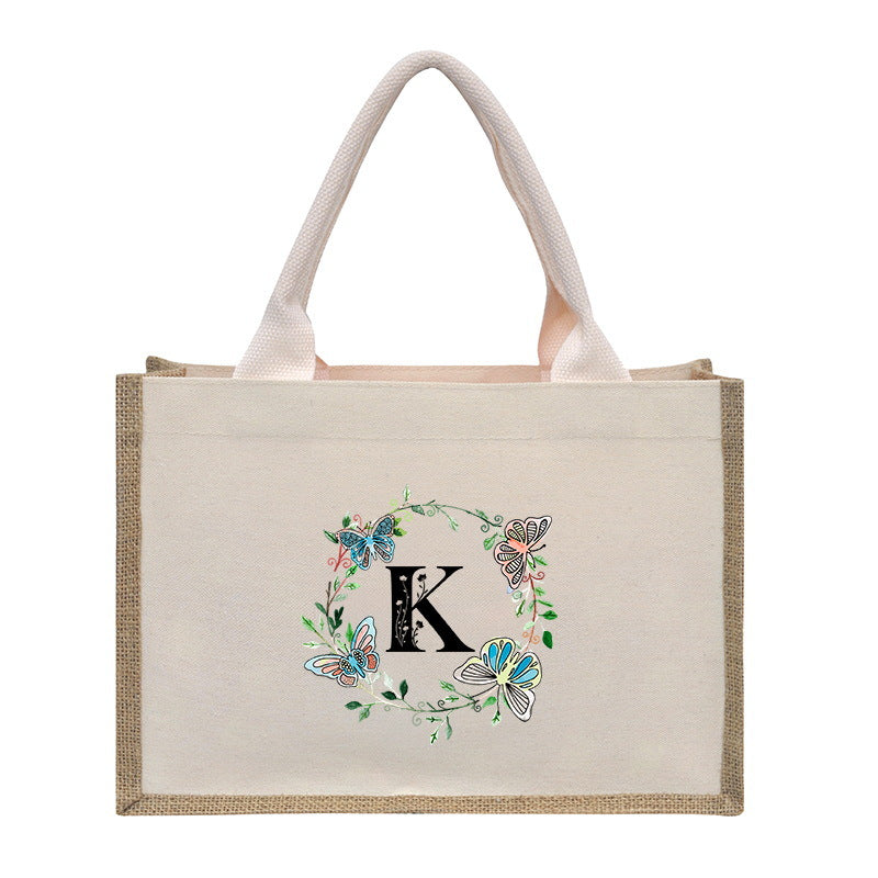 Cotton and linen canvas tote bag, printed letter tote bag, portable light handbag, gift shopping bag