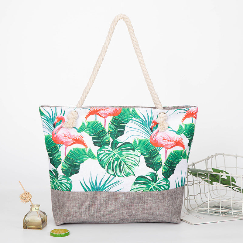 large capacity hemp rope linen ink printing shopping bag beach bag red-crowned crane shoulder seaside handbag women hobo