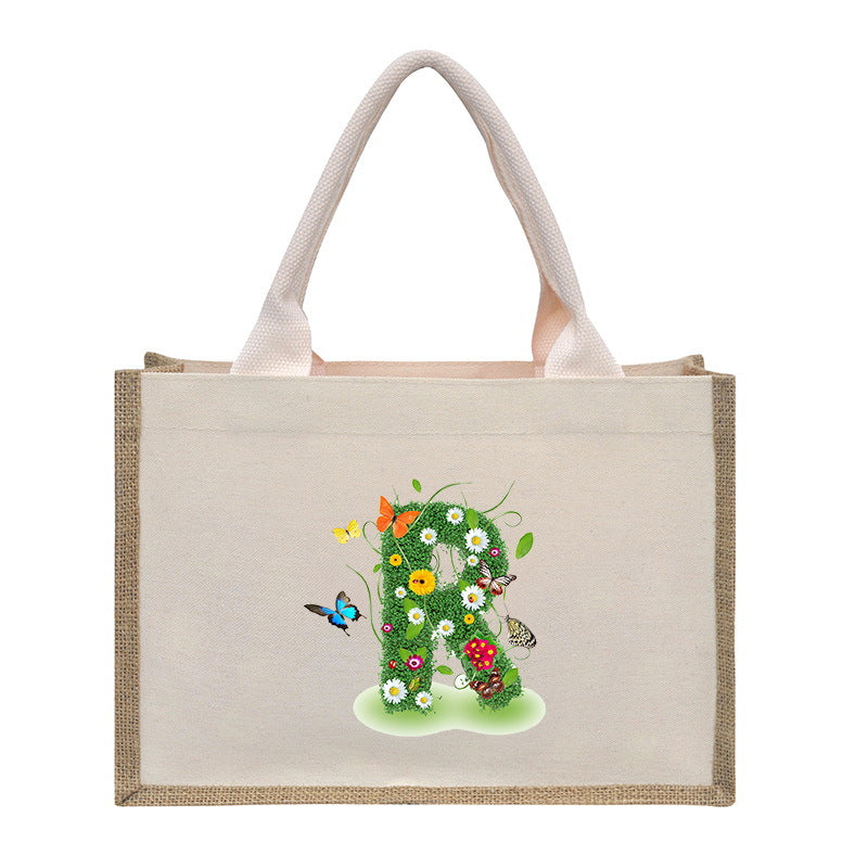 Cotton and linen canvas tote bag, printed letter tote bag, portable light handbag, gift shopping bag