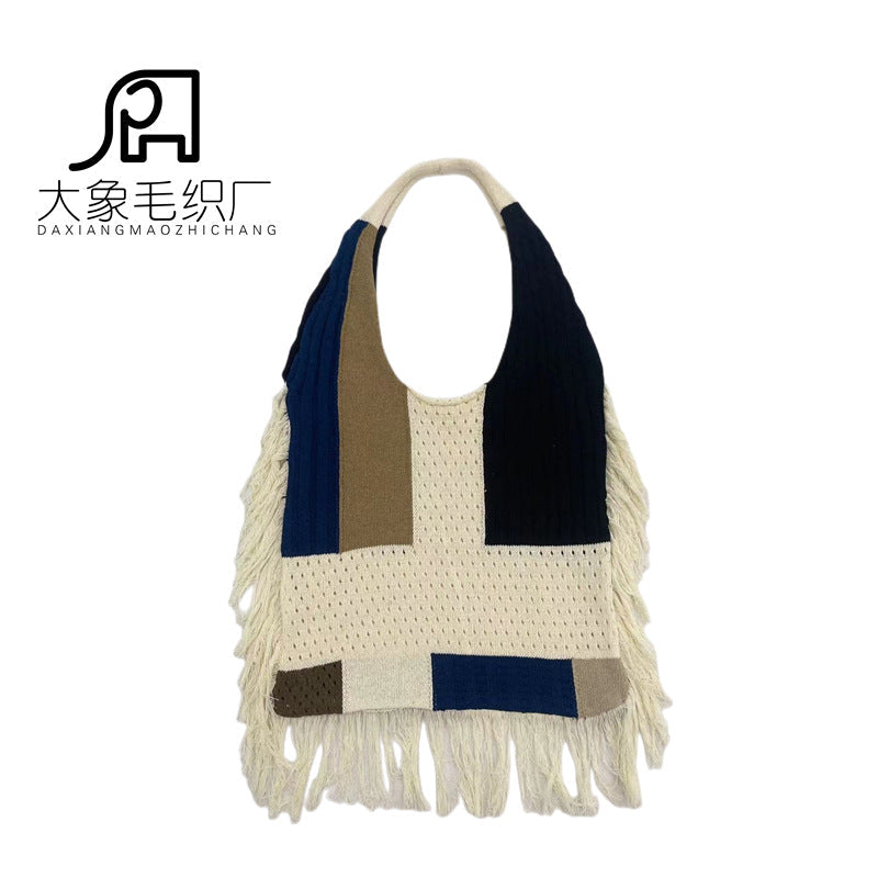 Tassel bag women, splicing knitted shoulder bag, simple and versatile retro knitted bag hobo