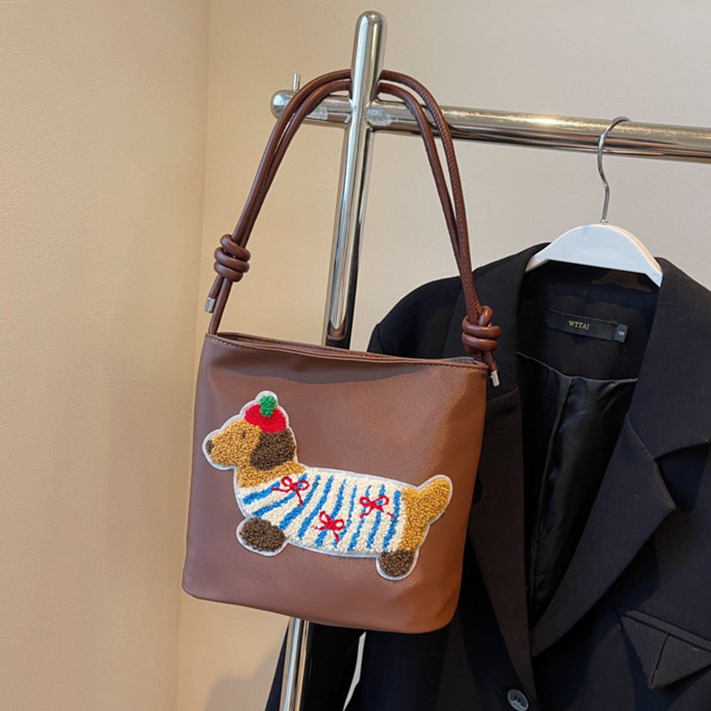 Adorable Cute Puppy Pattern Canvas Bag - Fashionable Bucket Style Shoulder Bag for Students & Women Hobo