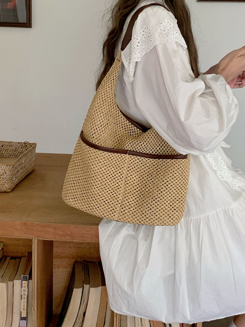 straw bag, commuter hobo bag, summer woven hobo bag for women, straw shoulder purse, beach crochet bag lightweight