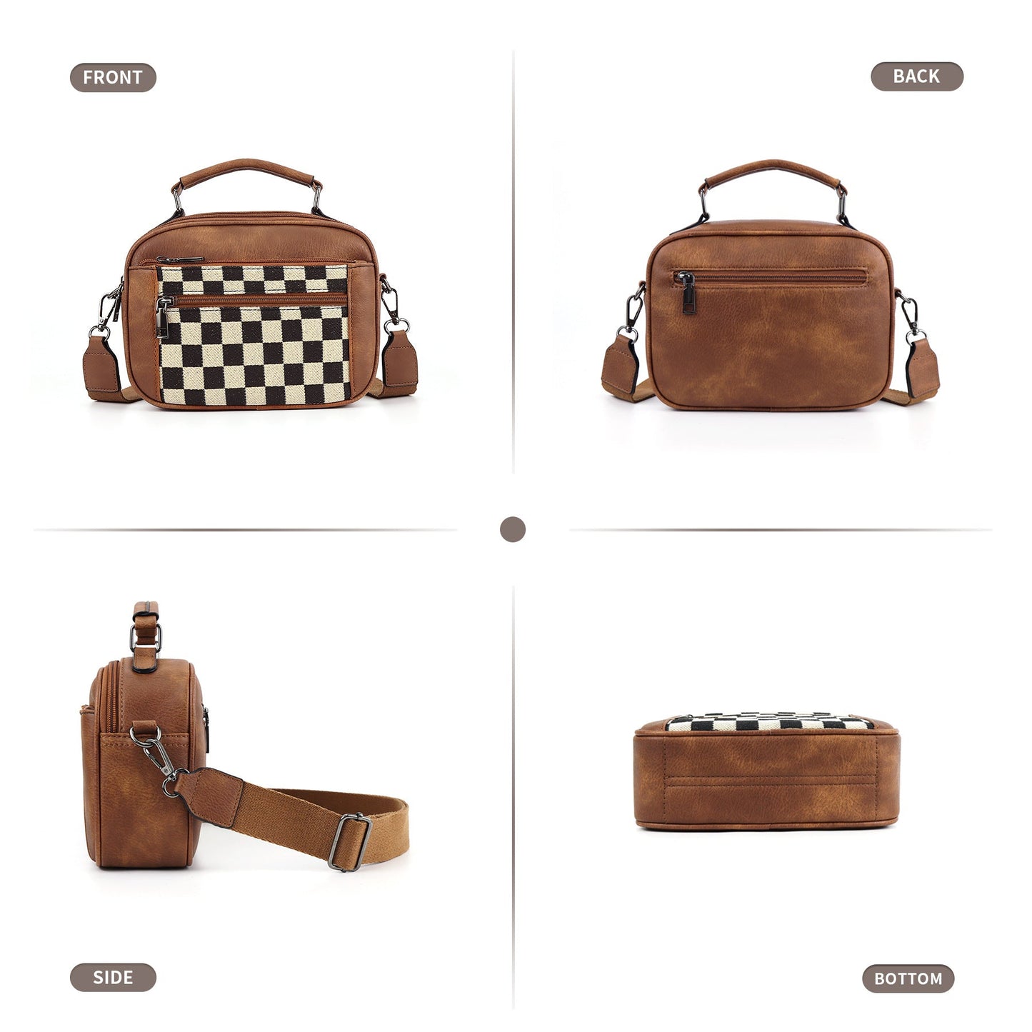 Chessboard double zipper small crossbody bag,Tote small crossbodyPU square bag, Small Crossbody Purse for Women Triple Zip,