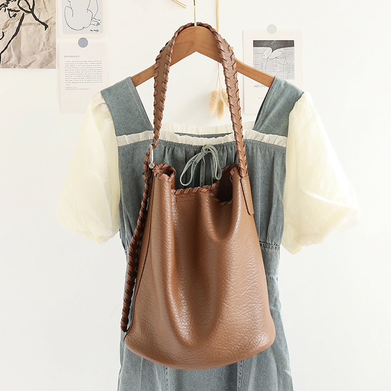 Elegant Woven Shoulder Strap Bucket Bag for Female - Versatile Texture Soft PU Retro Casual Tote