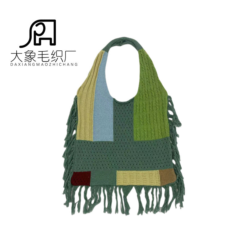 Tassel bag women, splicing knitted shoulder bag, simple and versatile retro knitted bag hobo