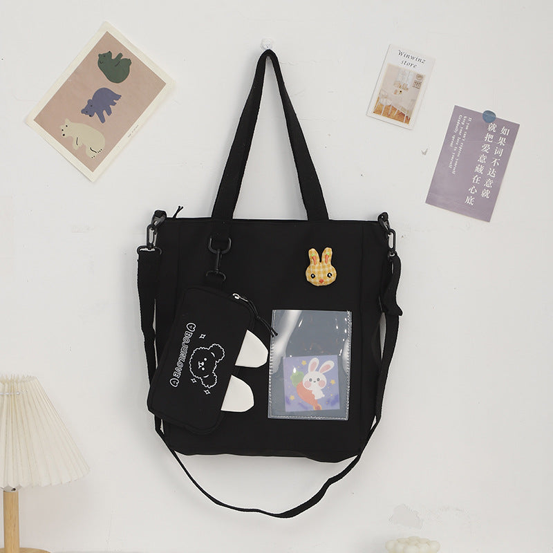 Cartoon canvas bag cute, bunny pendant tote bag, self-contained small bag student shoulder bag