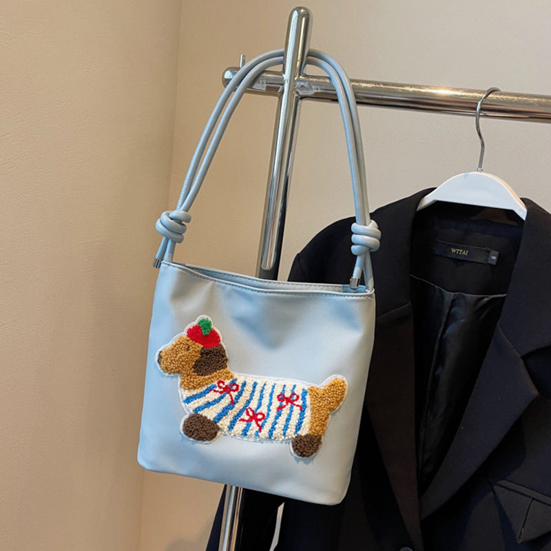 Adorable Cute Puppy Pattern Canvas Bag - Fashionable Bucket Style Shoulder Bag for Students & Women Hobo