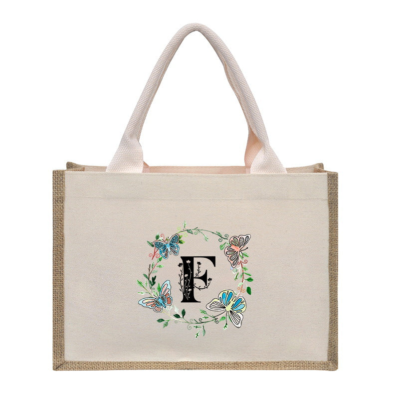 Cotton and linen canvas tote bag, printed letter tote bag, portable light handbag, gift shopping bag