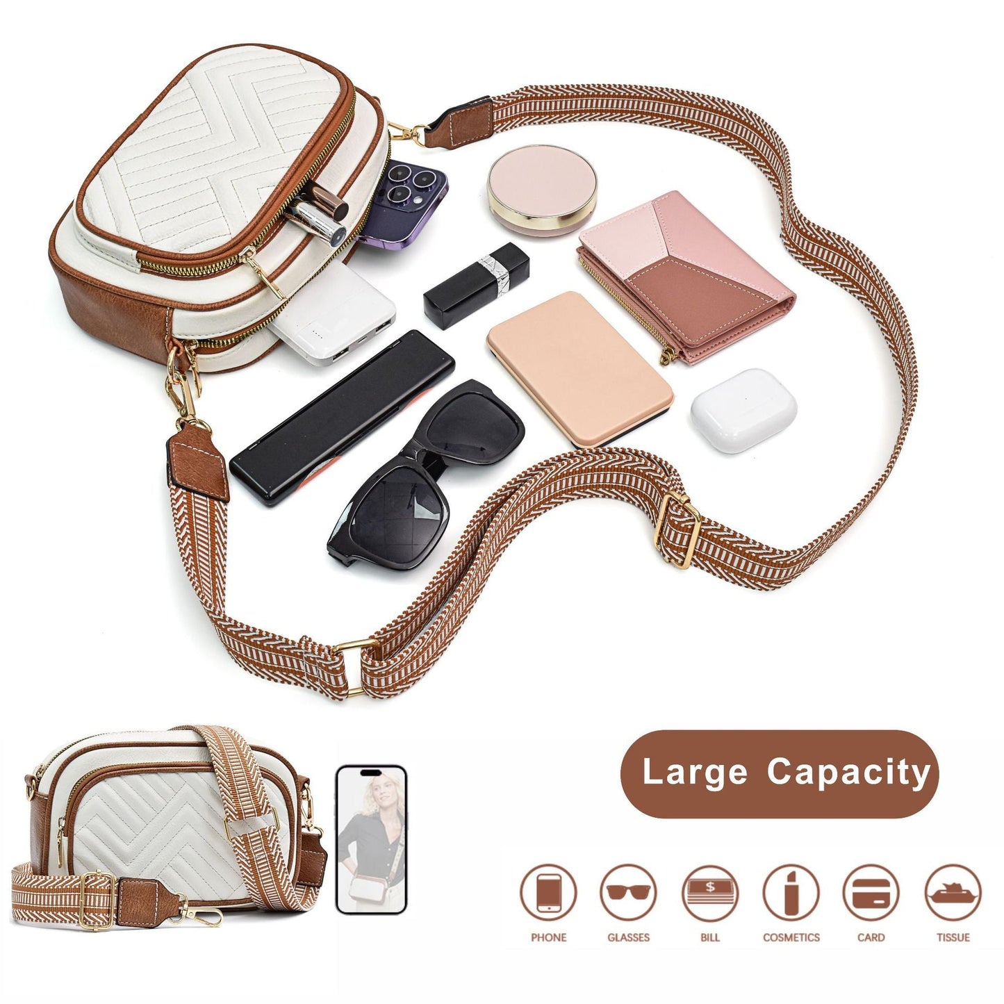 Embroidered Crossbody Bag, Vintage Ribbon Shoulder Bag, Small Crossbody Square Bag, Small Crossbody Purse for Women Triple Zip