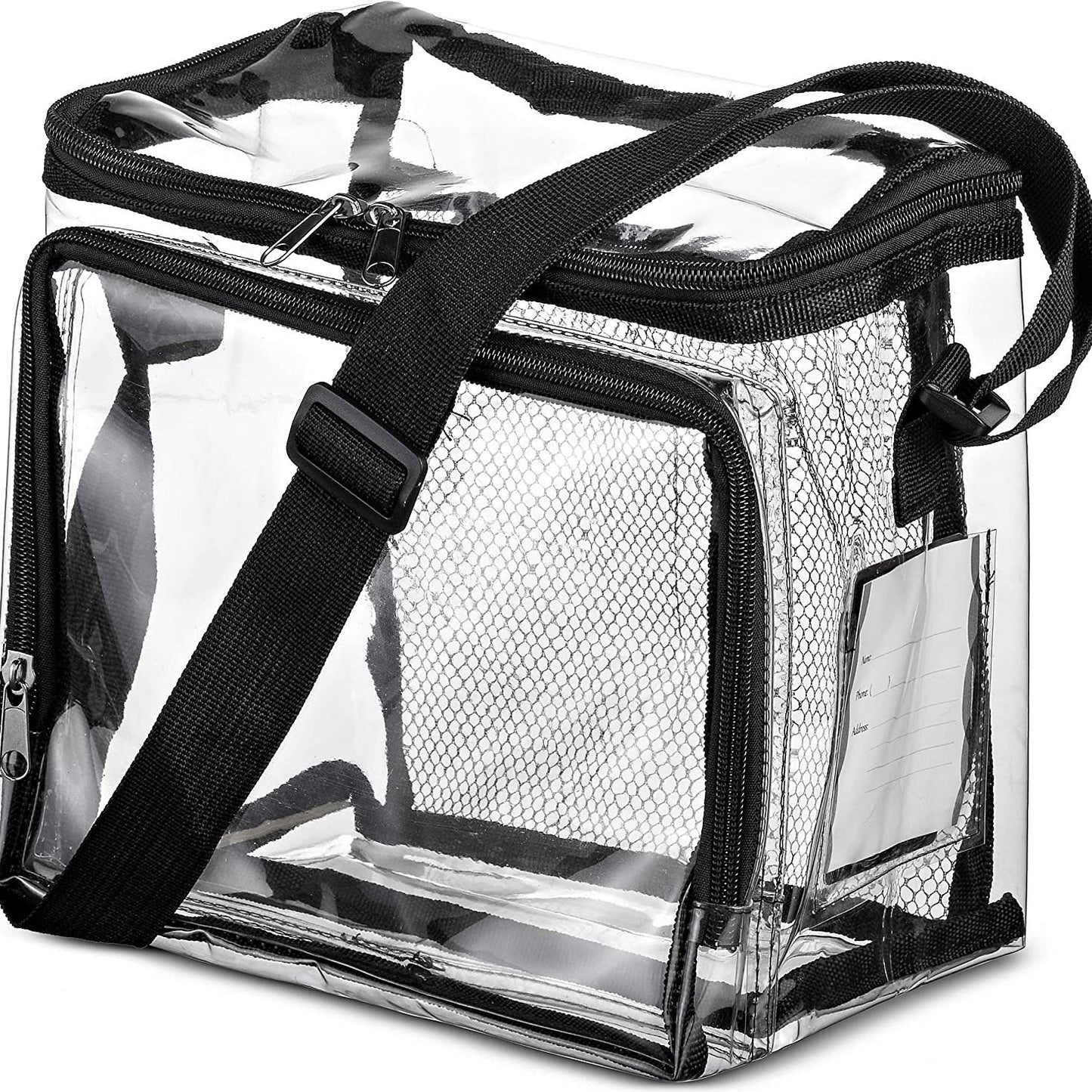 PVC clear lunch bag, adjustable strap front storage compartment mesh pocket, outdoor lunch bag with compartments