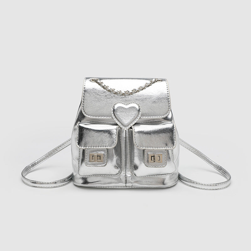 Elegant Design Silver Backpack Purse – Stylish Women's Fashion Chain Versatile Travel Bucket Bag with Metallic Finish