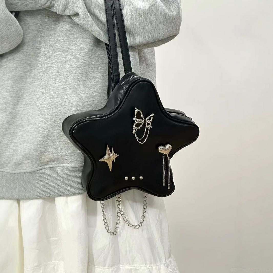 Mini black pentagram shaped shoulder purse, pendant shoulder backpack, fashionable versatile chain backpack for women