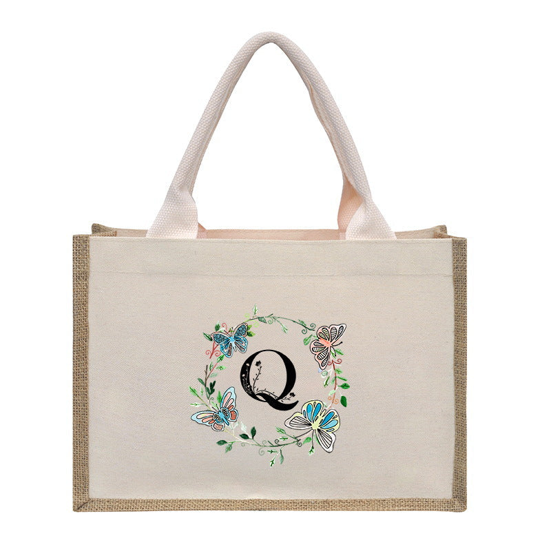 Cotton and linen canvas tote bag, printed letter tote bag, portable light handbag, gift shopping bag