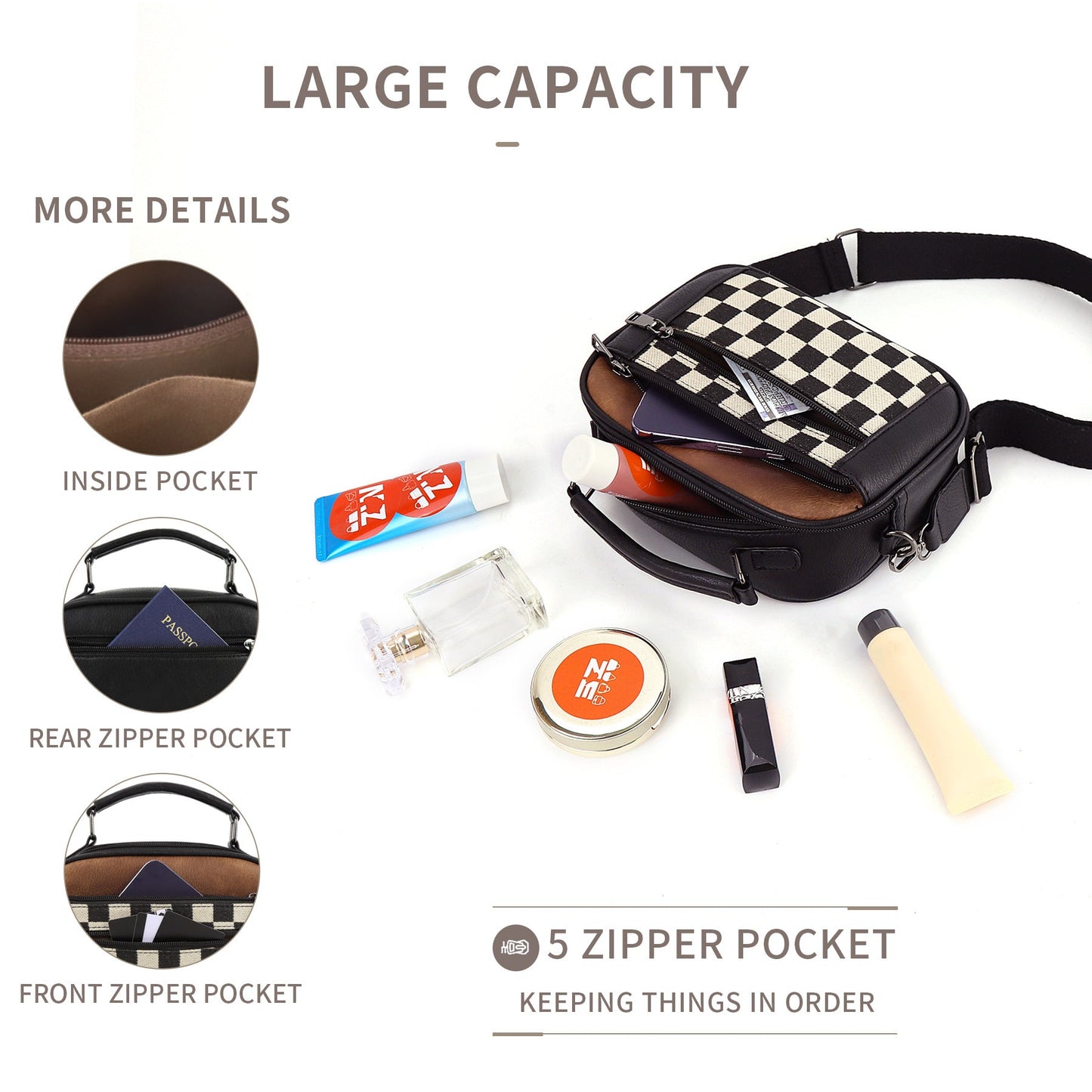 Chessboard double zipper small crossbody bag,Tote small crossbodyPU square bag, Small Crossbody Purse for Women Triple Zip,