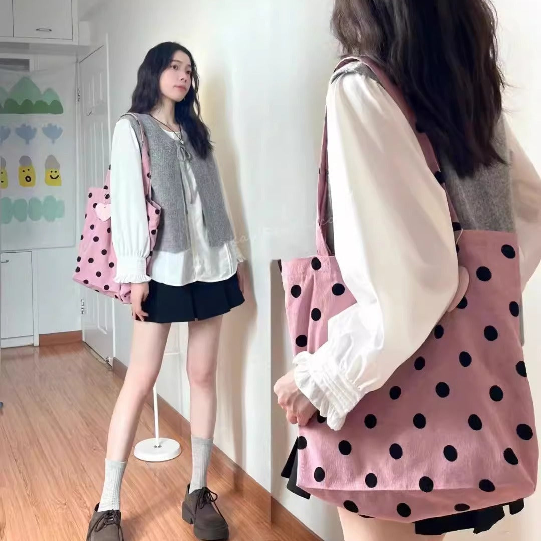 Spring cute polka dot hobo bag, versatile student large capacity shouder tote, design canvas hobo bag