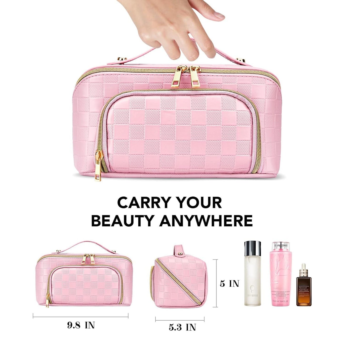 Chessboard double pillow cosmetic bag, multifunctional waterproof toilet bag, makeup bag with compartments,