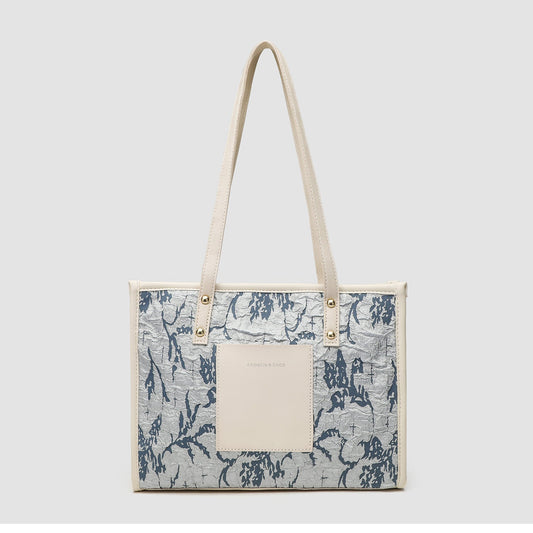 Square tote large capacity bag, women's winter tote bag, printed blue commuter fashion versatile portable shoulder bag