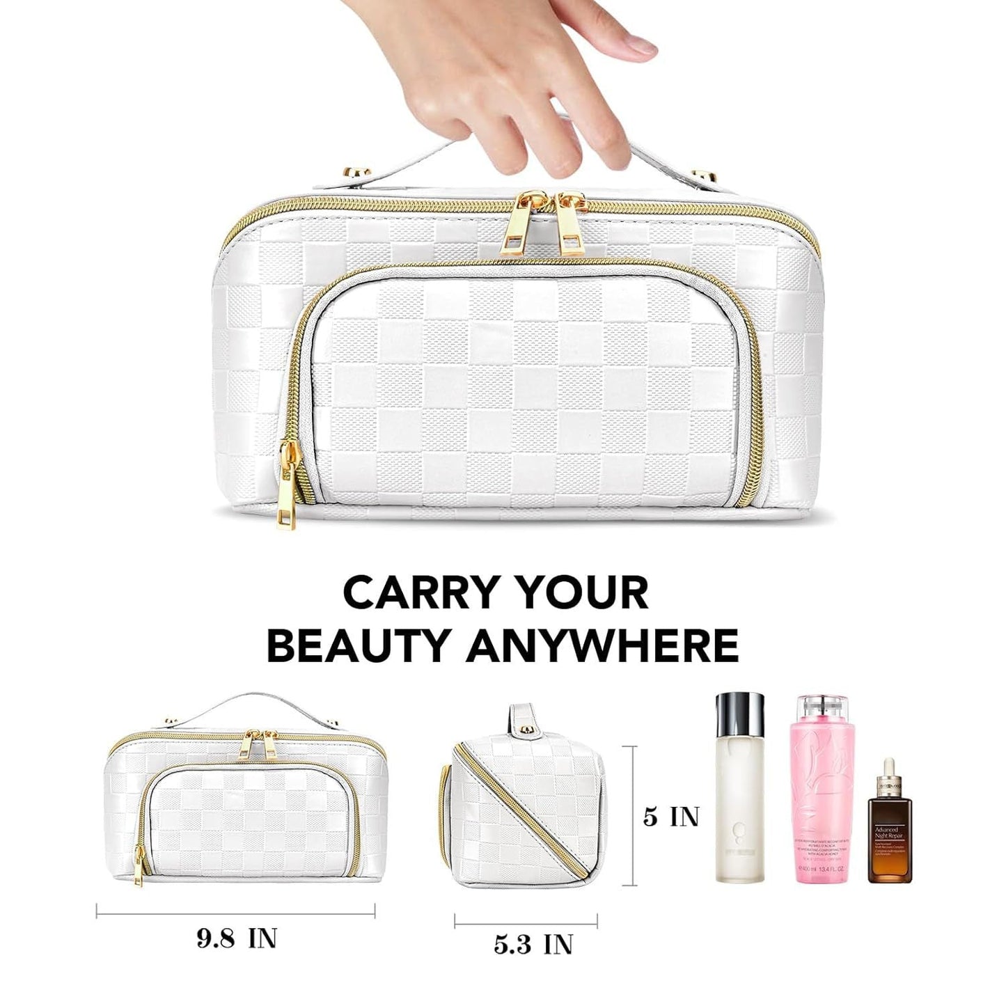 Chessboard double pillow cosmetic bag, multifunctional waterproof toilet bag, makeup bag with compartments,