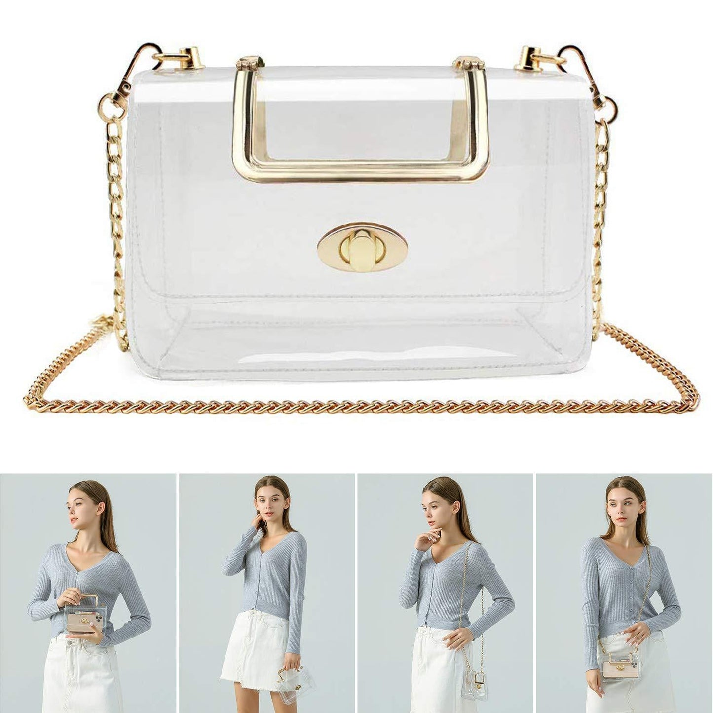 Women's Transparent evening Clutch Bag – Stylish Clear Crossbody Shoulder Bag with Removable Gold Chain Strap