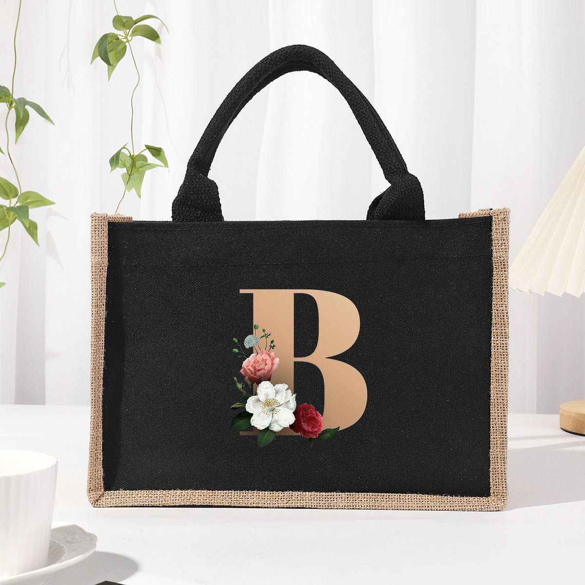 Cotton and linen canvas tote bag, printed letter tote bag, portable light handbag, gift shopping bag