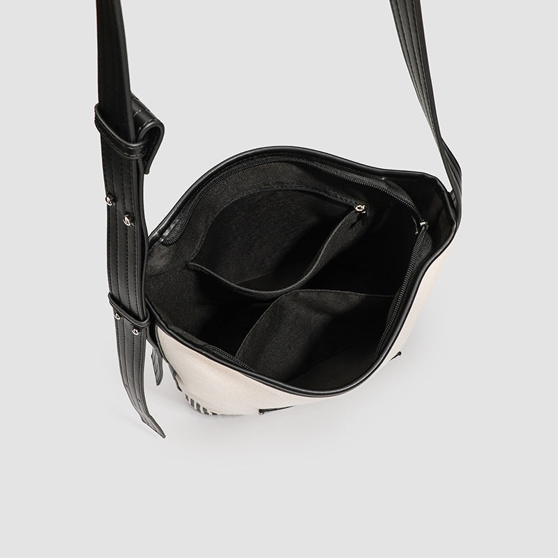 Canvas Splicing Large Capacity Bucket Bag, Wide Shoulder Strap Fashion hobo bag for women, Versatile Striped Shoulder Bag