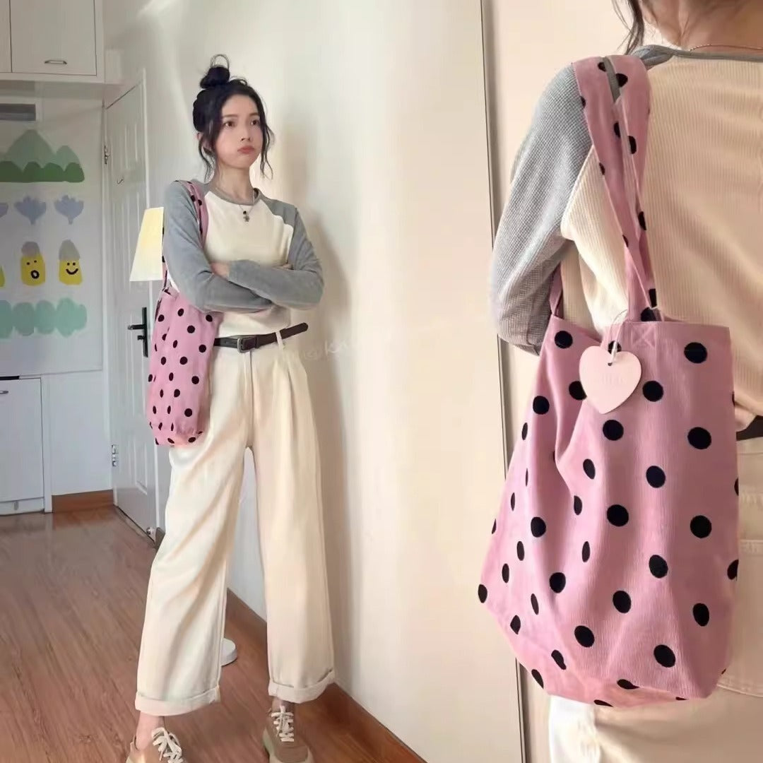 Spring cute polka dot hobo bag, versatile student large capacity shouder tote, design canvas hobo bag