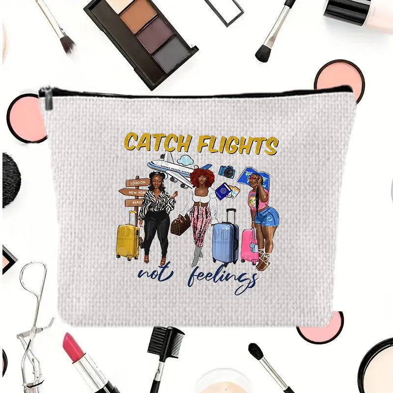 Linen printed cosmetic bag, cosmetic lipstick storage bag, small simple zipper evening clutch bag,