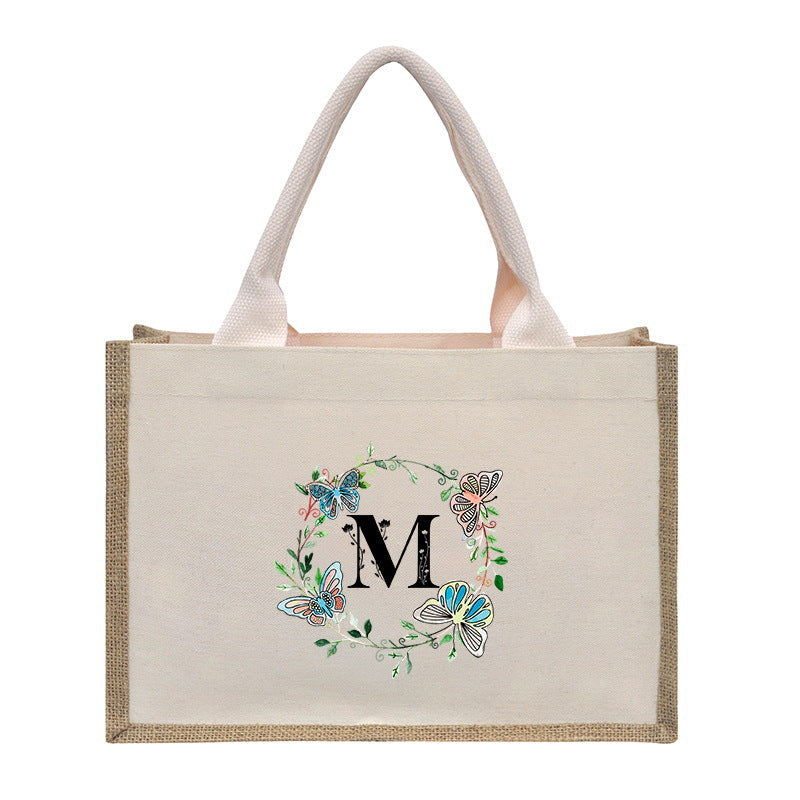 Cotton and linen canvas tote bag, printed letter tote bag, portable light handbag, gift shopping bag