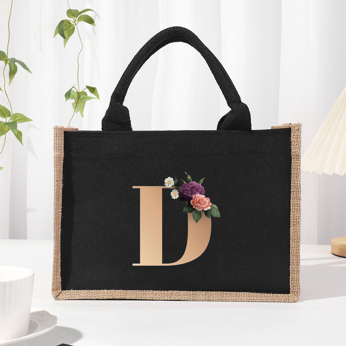 Cotton and linen canvas tote bag, printed letter tote bag, portable light handbag, gift shopping bag
