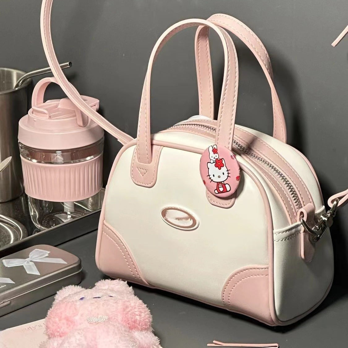 Chic Summer Boston Bag Mini – Portable Small Tote Crossbody Bag for Women, Perfect Bowling Shaped Bag in Pink