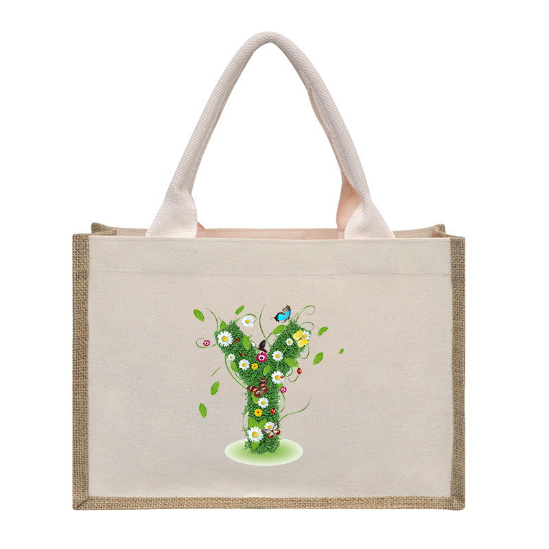 Cotton and linen canvas tote bag, printed letter tote bag, portable light handbag, gift shopping bag