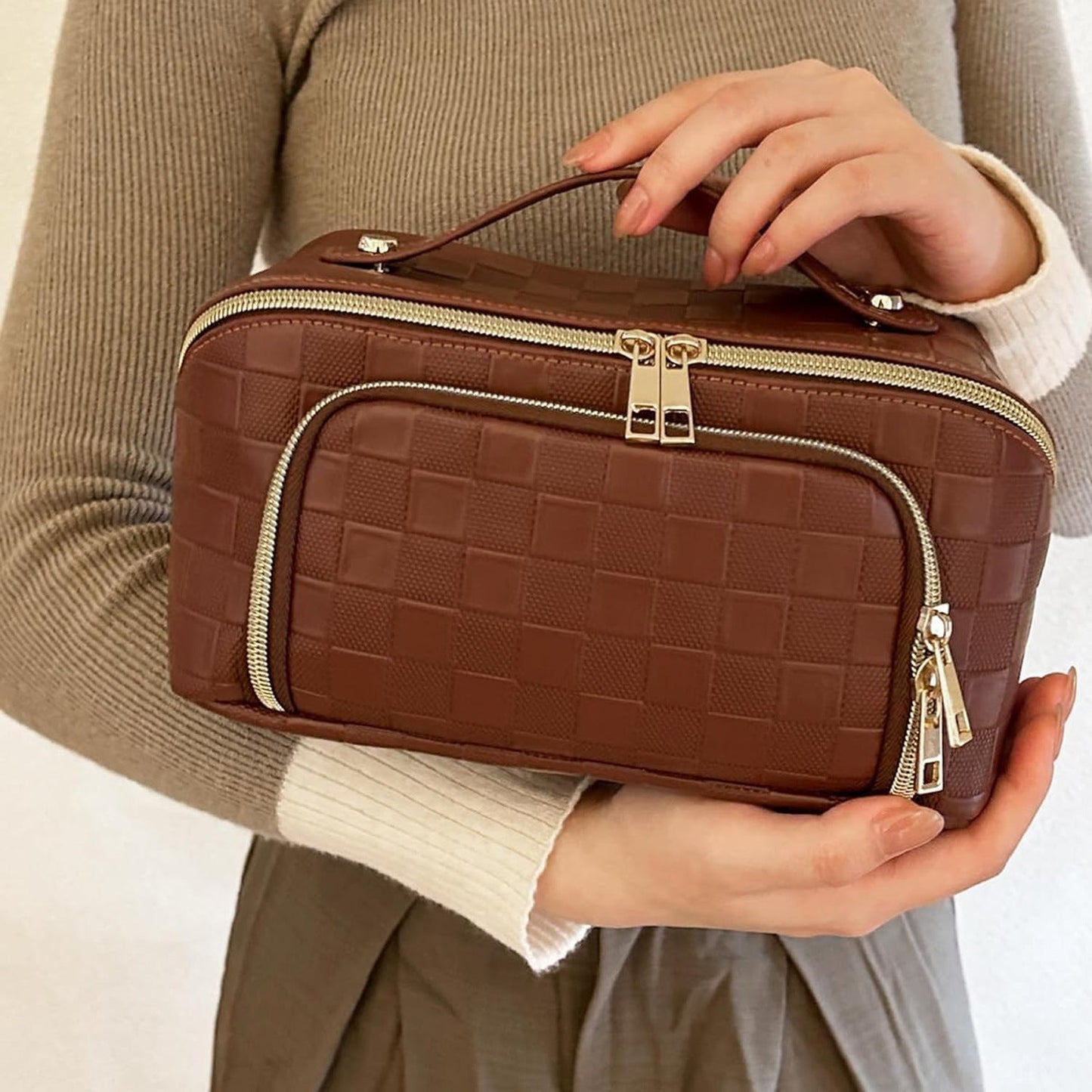 Chessboard double pillow cosmetic bag, multifunctional waterproof toilet bag, makeup bag with compartments,