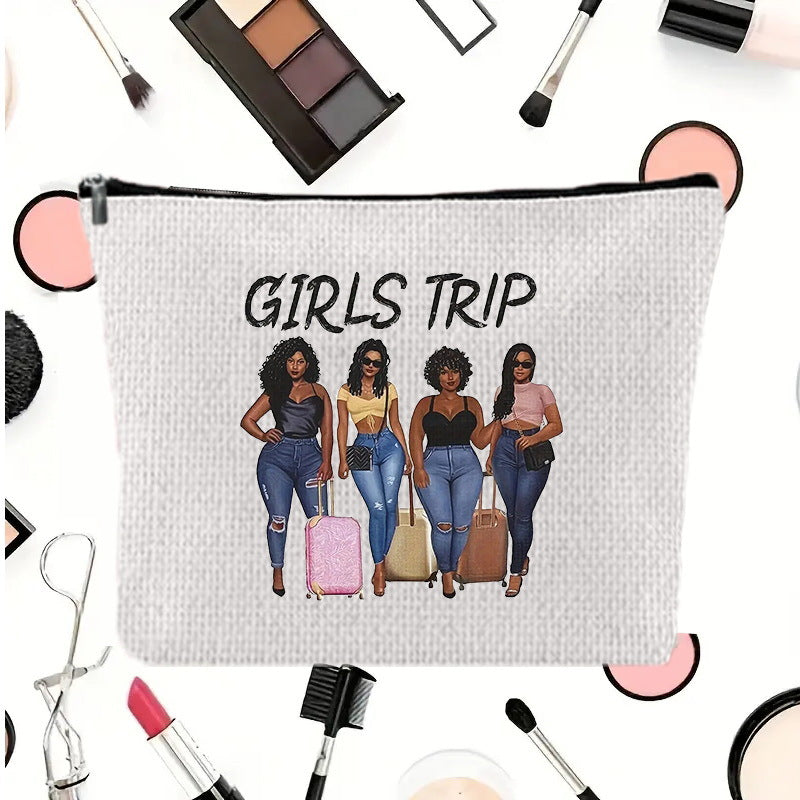 Linen printed cosmetic bag, cosmetic lipstick storage bag, small simple zipper evening clutch bag,