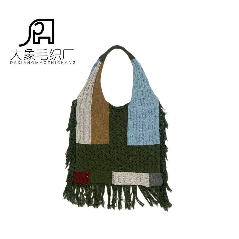 Tassel bag women, splicing knitted shoulder bag, simple and versatile retro knitted bag hobo