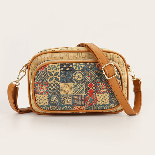 Cork pattern printed messenger bag, multi-pocket small crossbody women's bag, ethnic style contrasting color shoulder messenger bag, bohemian crossbody purse
