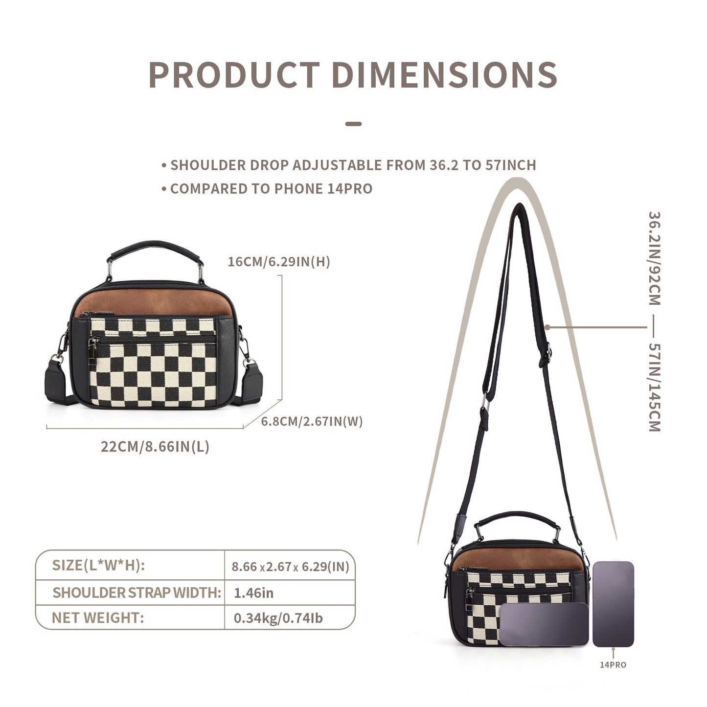 Chessboard double zipper small crossbody bag,Tote small crossbodyPU square bag, Small Crossbody Purse for Women Triple Zip,