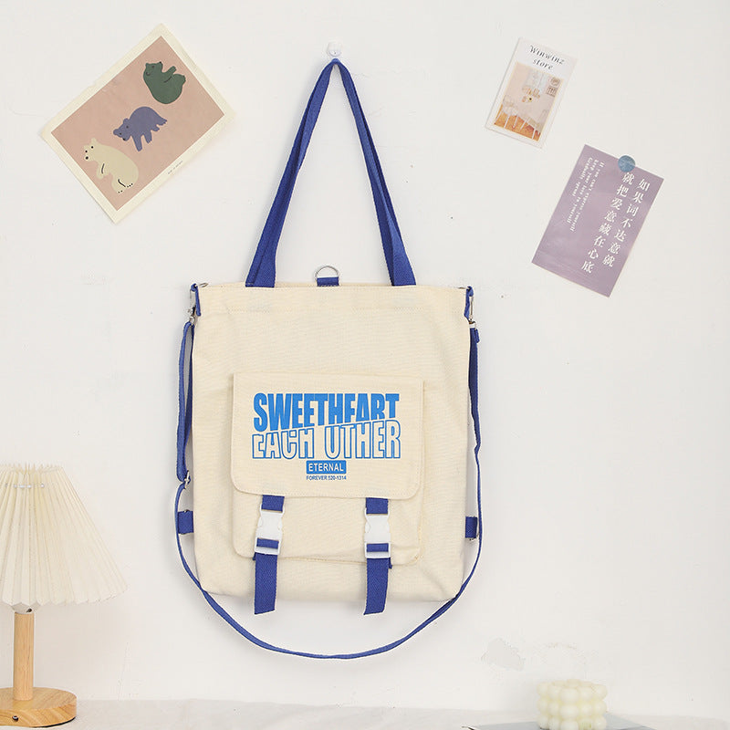 Carry letter pattern printed canvas bag, student shoulder canvas bag, shopping bag with zipper, tote canvas bag