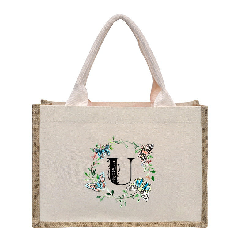 Cotton and linen canvas tote bag, printed letter tote bag, portable light handbag, gift shopping bag