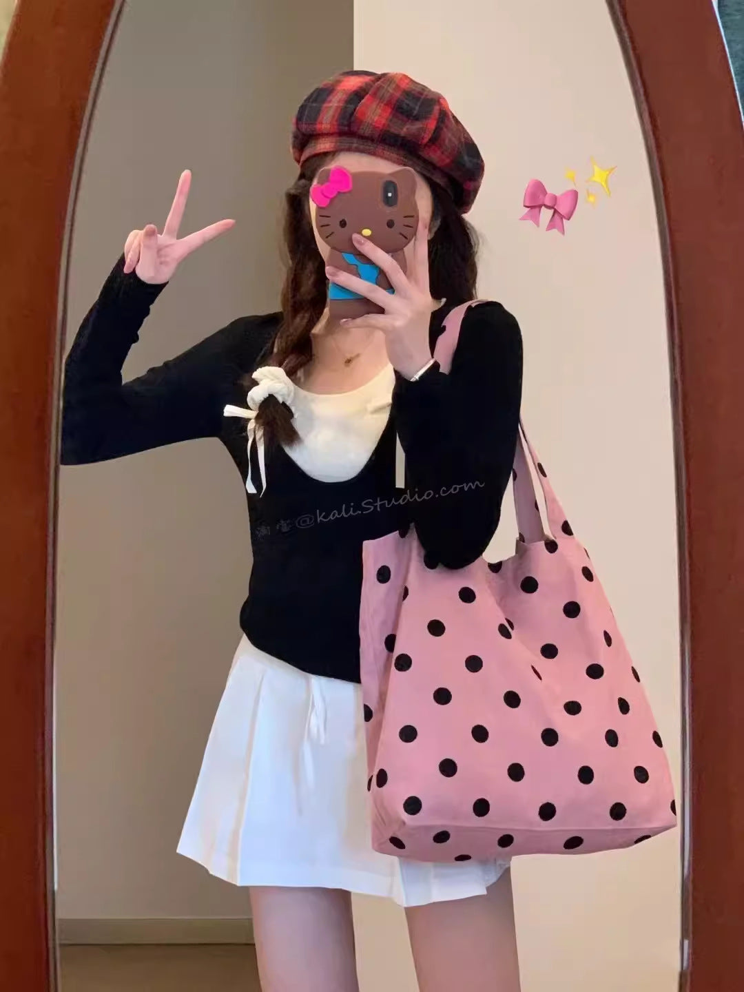 Spring cute polka dot hobo bag, versatile student large capacity shouder tote, design canvas hobo bag