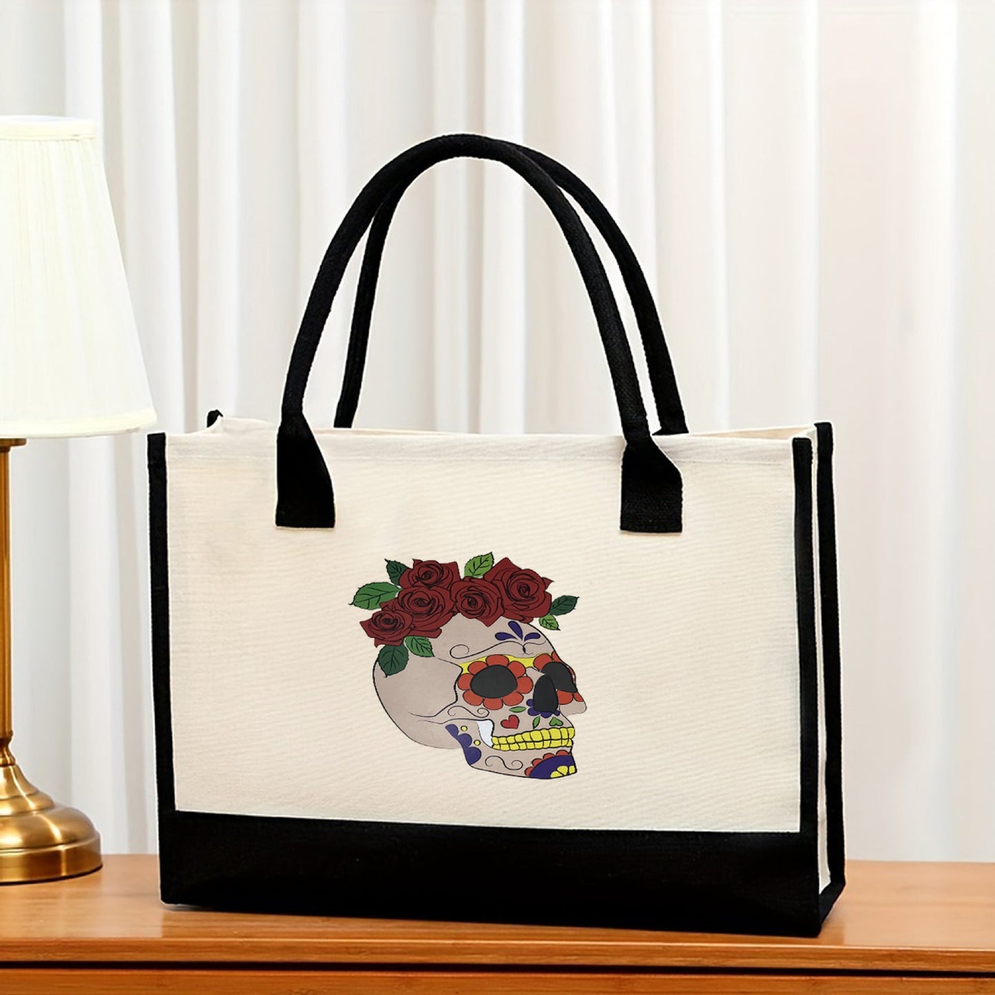 Canvas tote bag, large capacity printed tote bag women's, fashionable waterproof portable shopping bag