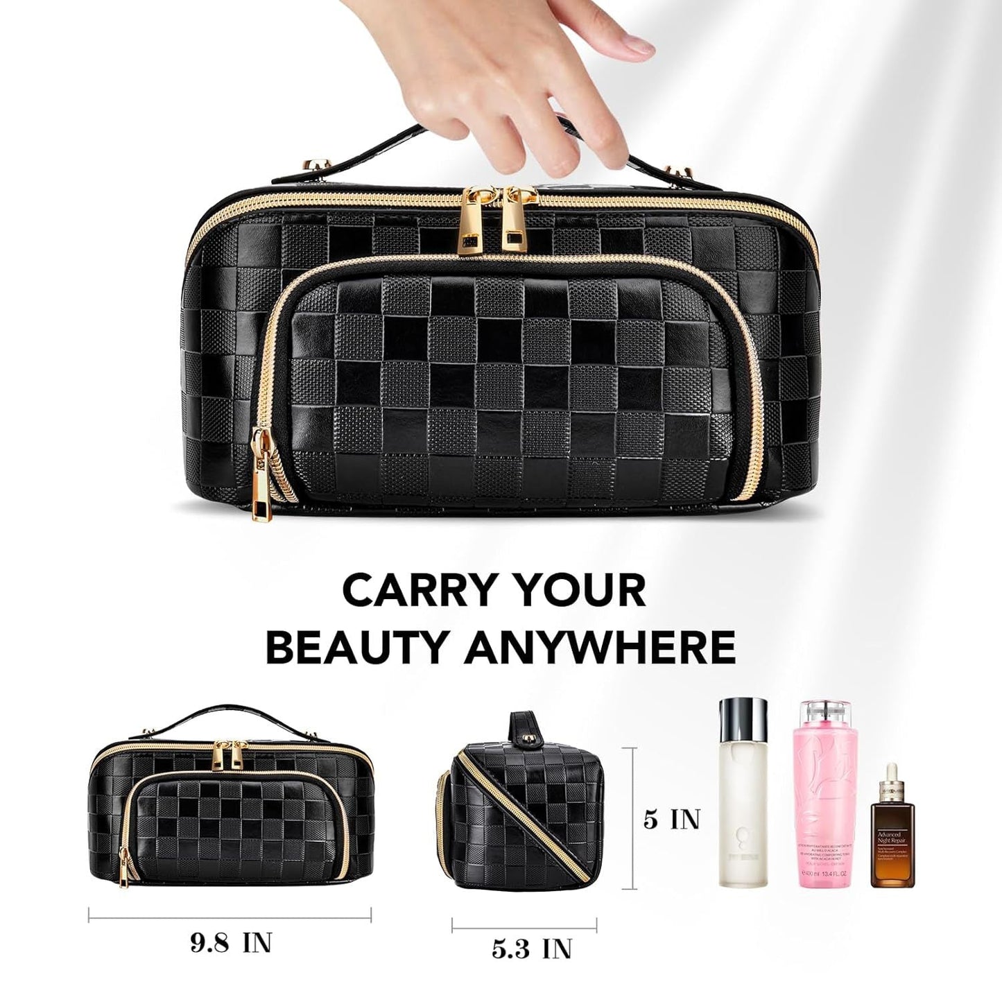 Chessboard double pillow cosmetic bag, multifunctional waterproof toilet bag, makeup bag with compartments,