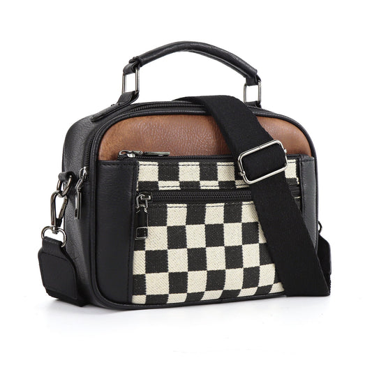 Chessboard double zipper small crossbody bag,Tote small crossbodyPU square bag, Small Crossbody Purse for Women Triple Zip,
