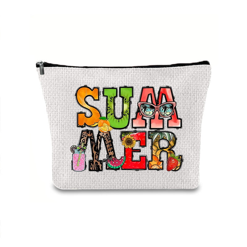 Linen printed cosmetic bag, cosmetic lipstick storage bag, small simple zipper evening clutch bag,